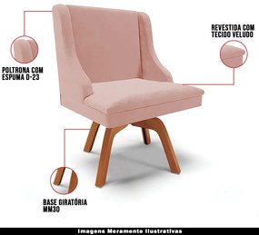 Kit 6 Cadeiras Decorativas Sala de Jantar Base Giratória de Madeira Firenze Veludo Rosê/Natural G19 - Gran Belo