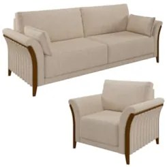 Kit Sofá Living 3 Lugares e Poltrona 102cm Pés Madeira Roya Z32 Linho