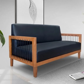Sofá Namoradeira 2 Lugares Sala de Estar Pés Madeira Maciça Corda Náutica Preta 160cm Manila PU Preto G63 - Gran Belo