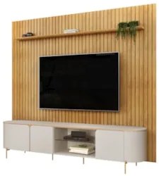 Painel TV 75 Pol Ripado 275cm e Bancada Ariane D04 Off/Cedro - Mpozena
