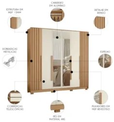 Guarda Roupa Casal 237cm com Espelho Vinna A02 Off/Freijó - Mpozenato