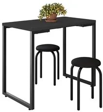 Mesa de Cozinha Bistrô Porto Preto 90cm com 2 Banquetas Industriais Ma