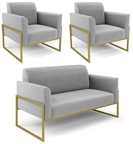 Sofá Namoradeira com 2 Poltronas Base Industrial Alta Dourado Marisa Suede D03 - D'Rossi - Cinza