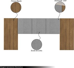 Cabeceira de Casal Arendel 2,68m Ripado Tecido Linho com LED Nature/Cinza G98 - Gran Belo