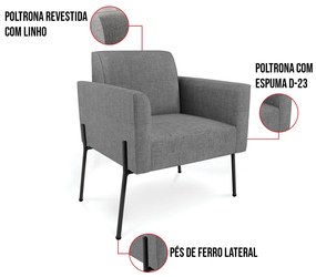 Poltrona Pé de Ferro Preto Kit 2 Decorativa Marisa Linho D03 - D'Rossi - Grafite