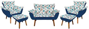 Kit 01 Namoradeira com 02 Poltronas e 02 Puffs Opala Composê Suede com Estampado Traçado Azul D33 Pés Palito Castanho - Azul Marinho