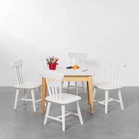 Conjunto Mesa Infantil Cissa Natural e Branco - 68cm + 4 Cadeiras Infantis Cissa - Branco