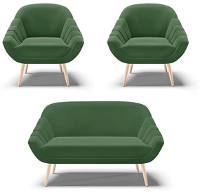 Kit 01 Namoradeira 02 Lugares e 02 Poltronas Giovana Suede Verde Pés Palito Natural - D'Rossi