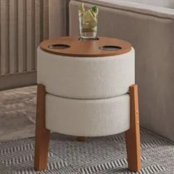 Puff Redondo Decorativos 38cm Pés Madeira Nilo Boucle Bege E05 - Mpoze