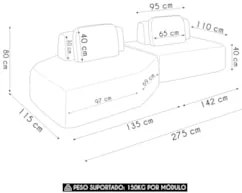 Sofá Ilha 275cm 2 Módulos Sala de Estar Moby Boucle Telha Z08 - Mpozen