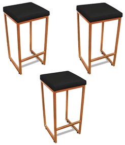 Banqueta Alta para Cozinha Industrial Kit 3 Nick Bronze e Sintético D03 - D'Rossi - Preto