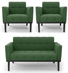 Sofá Namoradeira e 2 Poltronas Base Madeira Preto Ana Suede Verde - Ib
