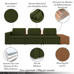 Sofá Ilha com Encosto e Almofadas Móveis Olimpo 395cm Modulado Linho/PU Verde/Caramelo G45 - Gran Belo