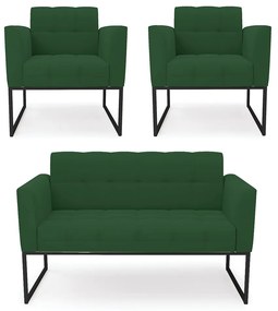 Kit 1 Sofá Namoradeira e 2 Poltronas Elisa Veludo Verde Base Metálica Industrial Preto - D'Rossi