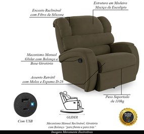 Poltrona do Papai Sala de Cinema Reclinável Kylie Glider Manual Giratória USB Veludo Capuccino G23