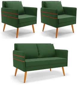 Kit 01 Namoradeira 02 Lugares e 02 Poltronas Mari Suede Pés Palito Castanho - D'Rossi - Verde
