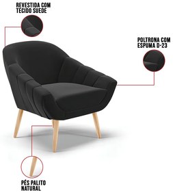 Kit 01 Namoradeira 02 Lugares e 02 Poltronas Giovana Suede Pés Palito Natural D01 - D'Rossi - Preto