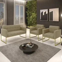 Sofá Namoradeira e 2 Poltronas Base Industrial Dourado Ana Suede Marro