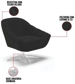 Poltrona Giratória Giovana Veludo Base Cromada D03 - D'Rossi - Preto