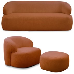 Conjunto Sala de Estar Decorativo Charlote 1 Sofá 180cm 2 Lugares 1 Poltrona Base Giratória em Aço com Puff Bouclê Terracota G88 - Gran Belo