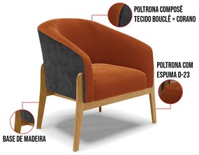 Poltrona e Puff Decorativo Base Madeira Stella PU Preto/Bouclê D03 - D'Rossi - Terra
