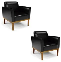 Poltrona Base Madeira Castanho Kit 2 Maressa Sintético PU Preto - Ibiz