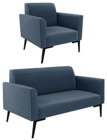 Sofá Namoradeira com Poltrona Pés Villach Marisa Suede D03 - D'Rossi - Azul Marinho
