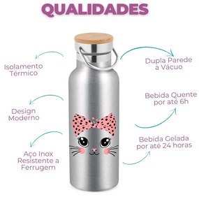 Garrafa Térmica 500 ml Gata Gatinha Miau Tamapa Bambu - Cromado
