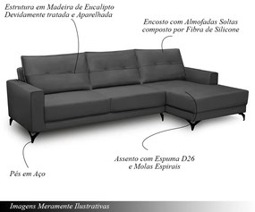 Sofá Decorativo 4 Lugares com Chaise Rebecca 285cm Veludo Grafite G22 - Gran Belo