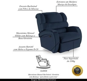 Poltrona do Papai Sala de Cinema Reclinável Kylie Glider Manual Giratória PU Azul G23
