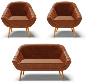 Kit 01 Namoradeira 02 Lugares e 02 Poltronas Giovana Corano Nozes Pés Palito Castanho - Indo Decorar