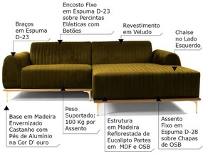 Sofá 4 Lugares Bipartido com Chaise Lado Esquerdo Base de Madeira Euro 265 cm Veludo Mostarda G15 - Gran Belo