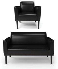 Conjunto Poltrona e Namoradeira Decorativa Isabella Pés Fixo em Madeira PU Preto Brilho G19 - Gran Belo