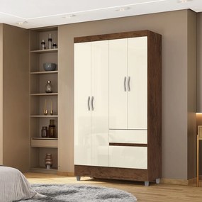 Guarda Roupa Solteiro Abruzzo 4 Portas de Bater 2 Gavetas com Cabideiro Nogueira/OffWhite G98 - Gran Belo