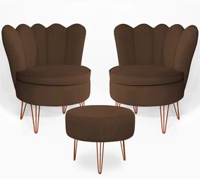 Conjunto 2 Poltrona Dália com Puff Chloe Pés Hairpin Legs Bronze Veludo Marrom