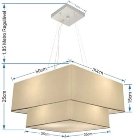 Lustre Pendente Duplo Quadrado Vivare Md-4066 Cúpula em Tecido 50x35cm Algodão Crú - Bivolt