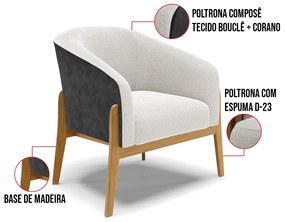Poltrona e Puff Decorativo Base Madeira Stella PU Preto/Bouclê D03 - D'Rossi - Off White