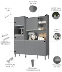 Armário de Cozinha Compacta 160cm 5 Portas Isabel Cinza     - AJL Móve