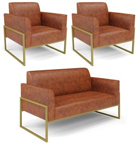 Sofá Namoradeira com 2 Poltronas Base Industrial Alta Dourado Marisa Corano D03 - DRossi - Nozes
