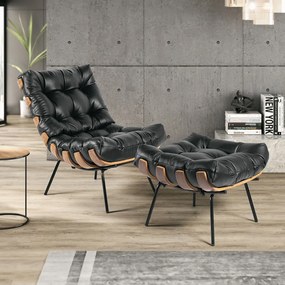 Kit 2 Poltrona Decorativa Sala de Estar Costela Couro Preto G34 - Gran Belo