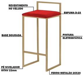 Banqueta Decorativa Jasmine Base Gold Veludo Vermelho G41 - Gran Belo