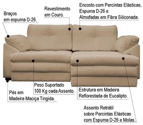 Sofá Retrátil 2 Lugares Bipartido Sala de Estar Piece 175cm Couro Bege - Gran Belo