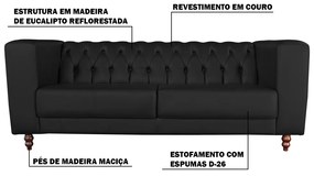 Sofá 3 Lugares Ravena 200cm Couro Preto G58 - Gran Belo