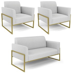 Sofá Namoradeira com 2 Poltronas Base Industrial Alta Dourado Marisa Linho D03 - D'Rossi - A05 Cinza