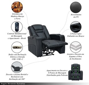 Poltrona do Papai Elétrica Gamer Chicago com Aquecimento Massagem Porta Copos Entrada USB/USB-C PU Preto G94 - Gran Belo