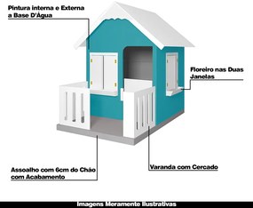 Casinha De Brinquedo Com Cercado Floreiros MDF Azul Turquesa/Branco L12 - Gran Belo