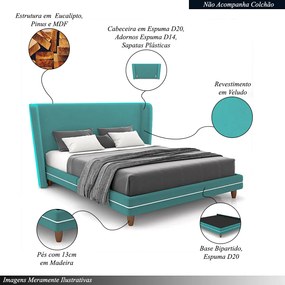 Conjunto Cama com Cabeceira Casal Torres Pés em Madeira Veludo Azul Turquesa G91 - Gran Belo