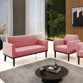 Conjunto Poltrona e Namoradeira Decorativa Isabella Pés Fixo em Madeira Preto Suede Rose G19 - Gran Belo