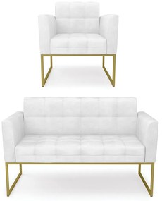 Kit 1 Sofá Namoradeira e 1 Poltrona Elisa Corano Base Metálica Industrial Dourado - D'Rossi - Branco