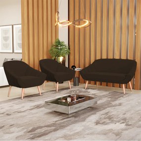 Kit 01 Namoradeira 02 Lugares e 02 Poltronas Giovana Suede Marrom Pés Palito Natural - D'Rossi